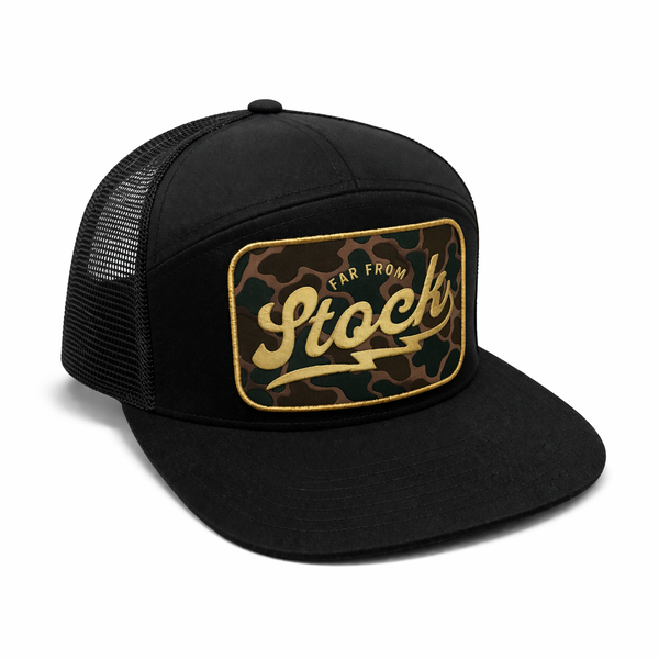 Far From Stock duck camo patch trucker hat, black, front view