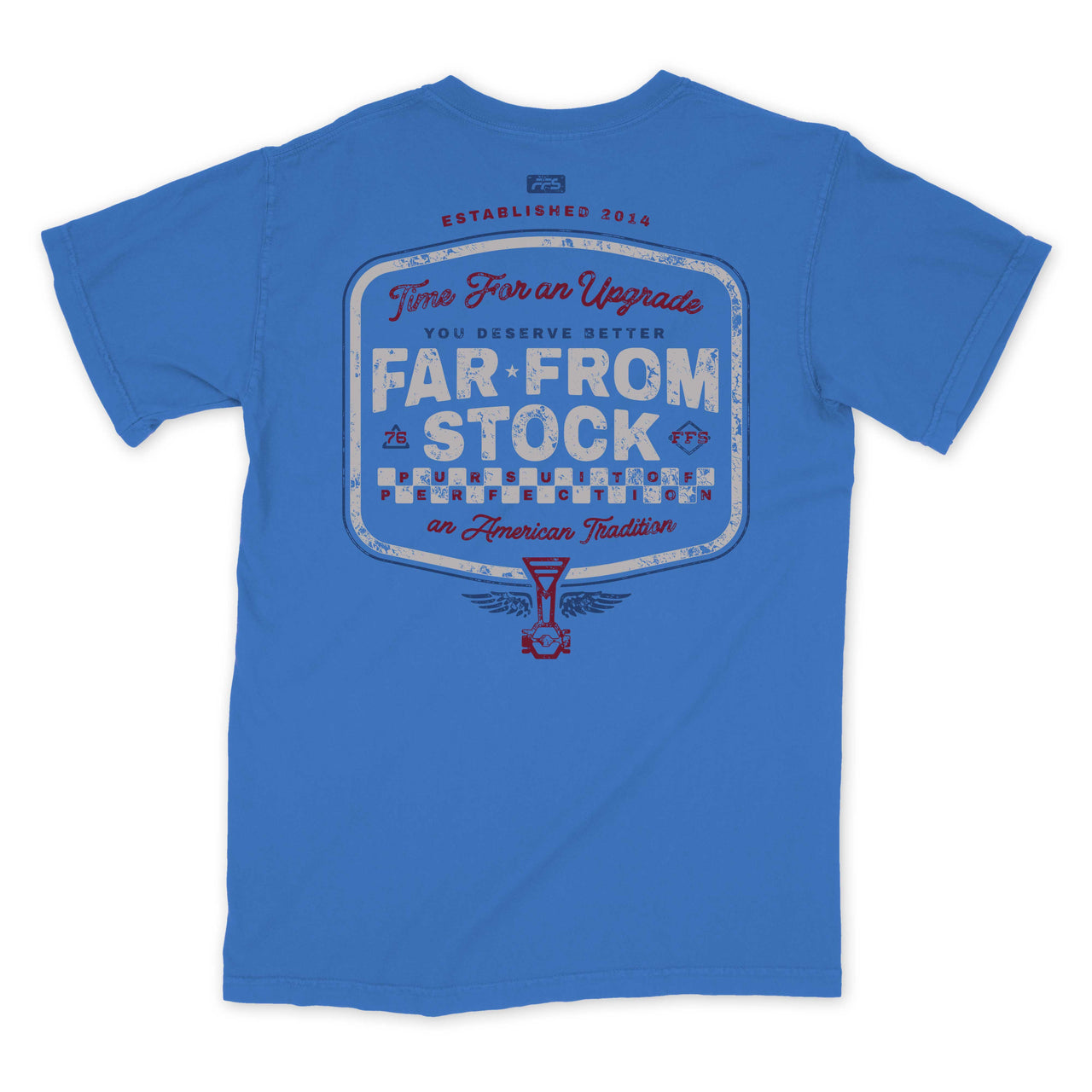 A blue short-sleeve t-shirt shown from the back, featuring a large vintage-style graphic print with the text 'Two Fish on Upgrade', 'FAR FROM STOCK', and 'an American Tradition' in distressed white, red, and blue lettering.