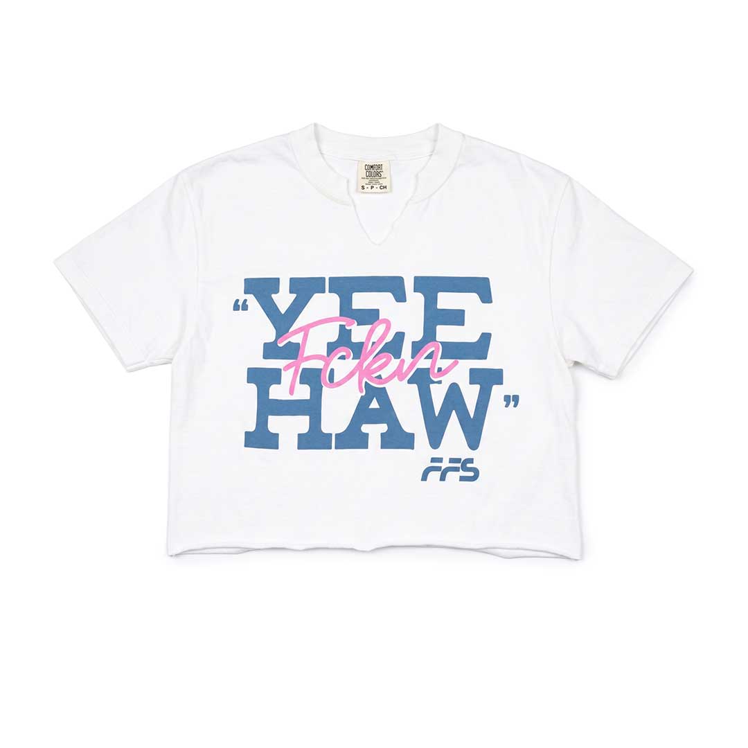 Yee Haw custom crop tee with western attitude, soft comfort, and country-inspired Far From Stock style.