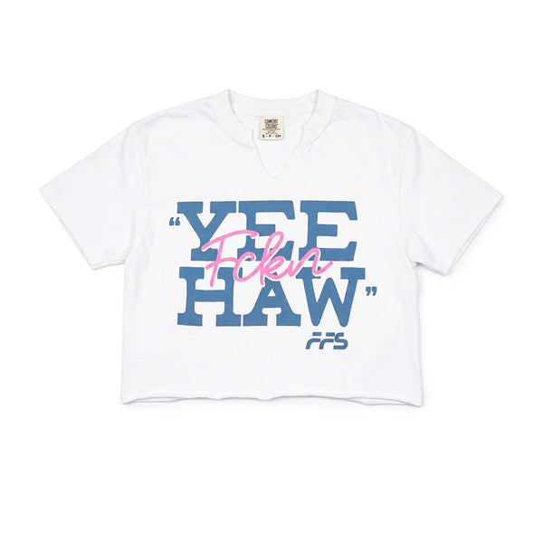 Yee Haw custom crop tee with western attitude, soft comfort, and country-inspired Far From Stock style.